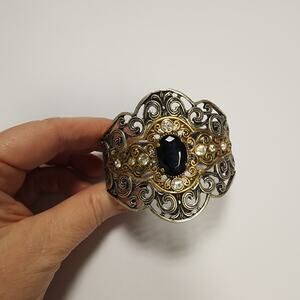 Ornate Hinged bracelet Silver Gold tone rhinestones black stone marked 690 jb